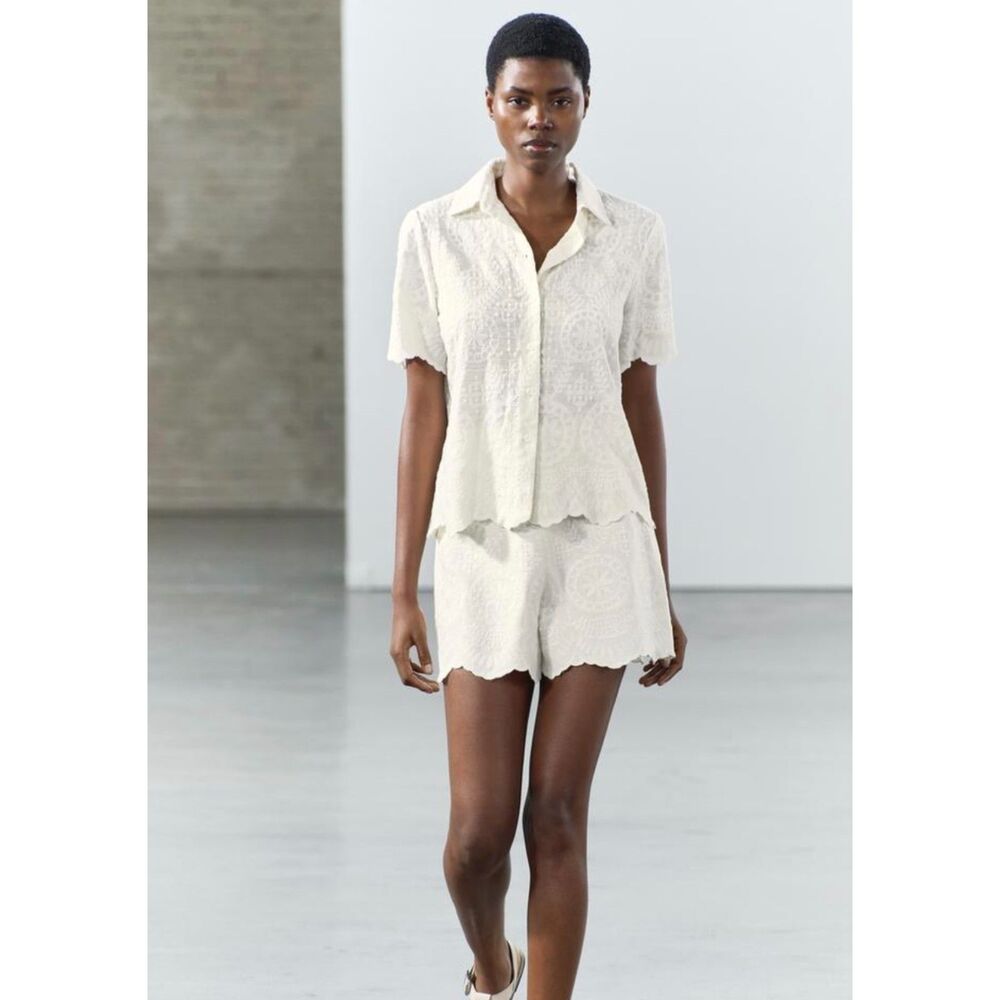 Zara collection embroidered bermuda short suit linen blend cottage women XL New